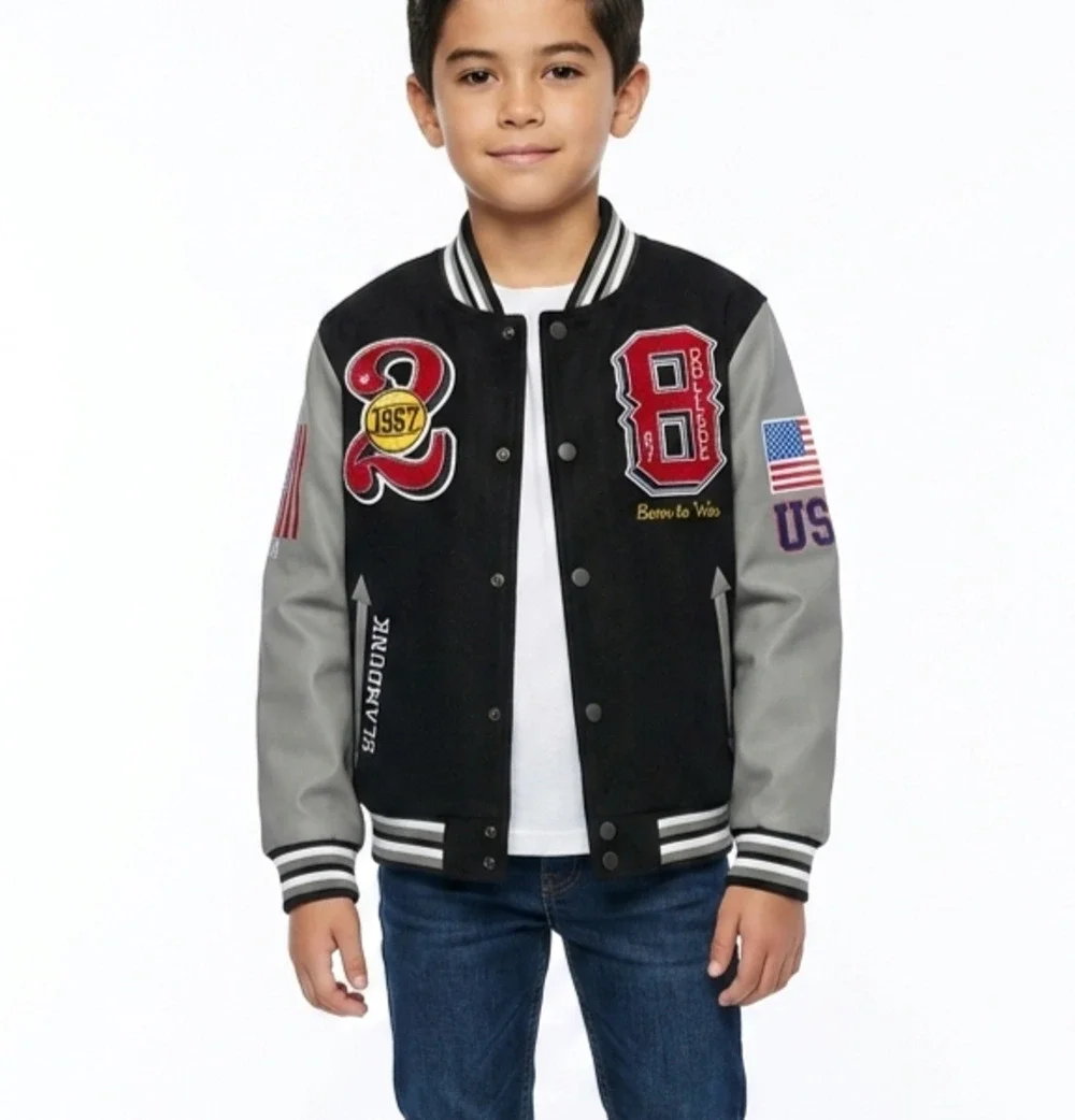 Ring of Fire Boys Varsity Jacket L Black Faux Leather Basketball Bomber NWT